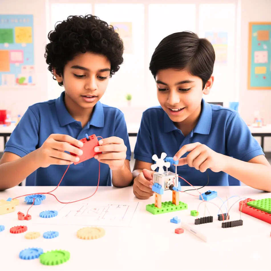 Kids connecting Battery, Switch, Motor etc.