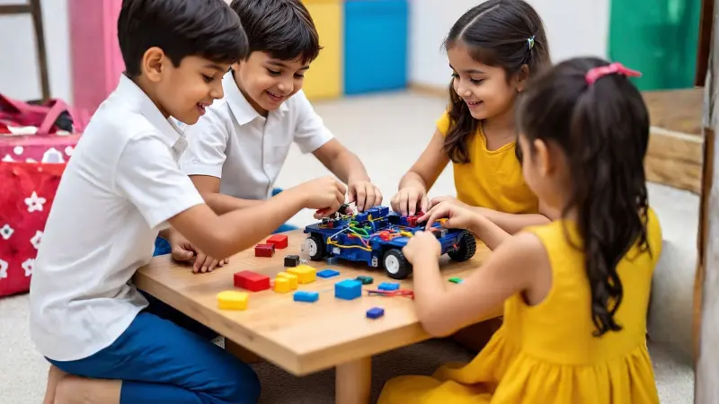 Children building a simple robot as part of STEM Robotics learning
