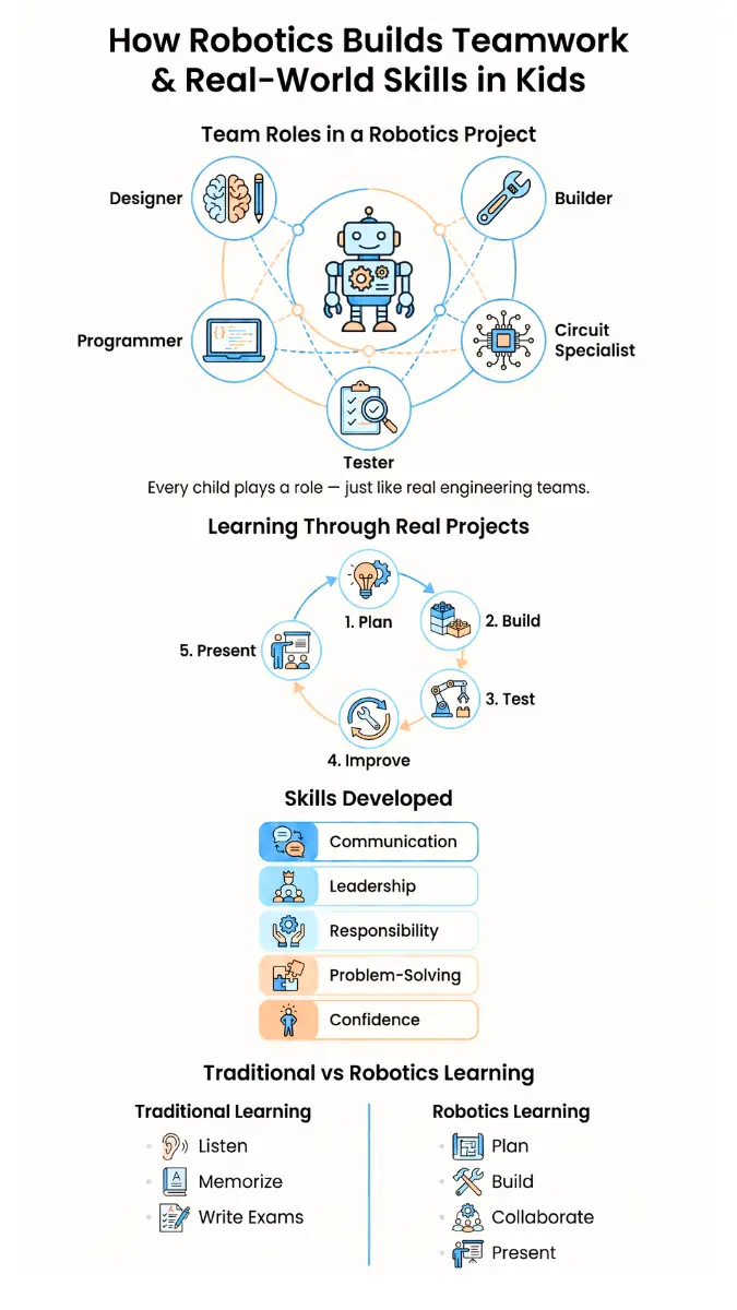 Robotics builds teamwork & real world skills in kids - infographic