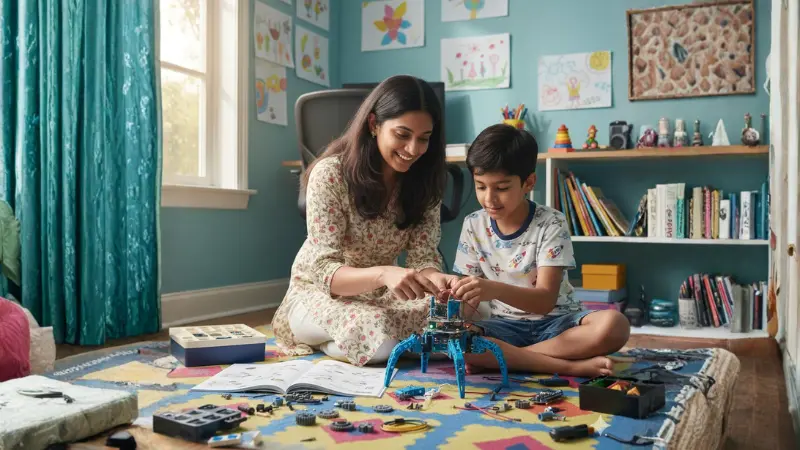 Parent helping a child to learn robotics through hands-on activities