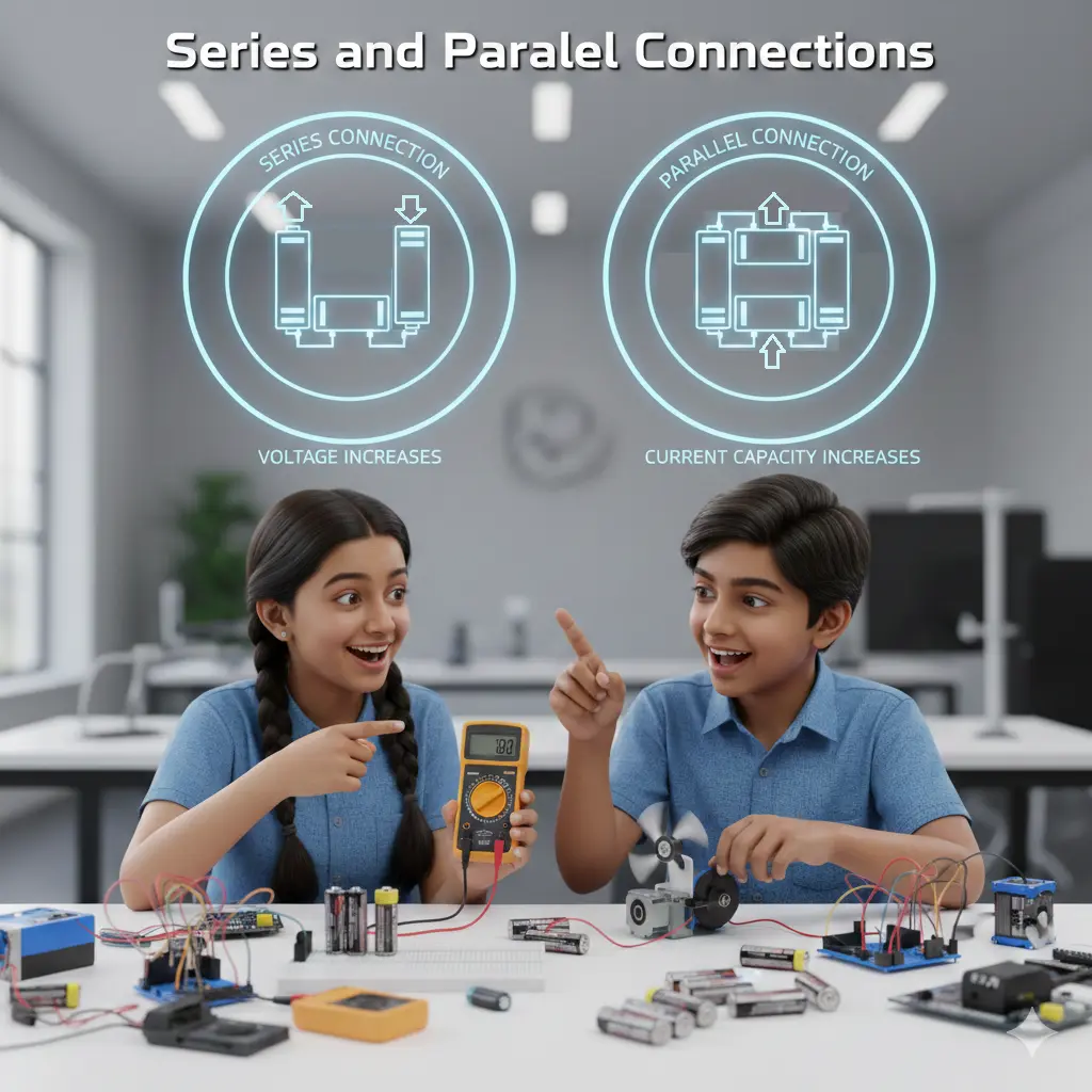 Kids learning practically the series & parallel connections of electric circuit