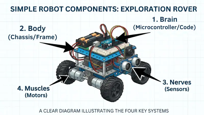 Core Components of a Robot, it's Brain (code), Body (Chassis), Muscles (motors) & Nerves (sensors)