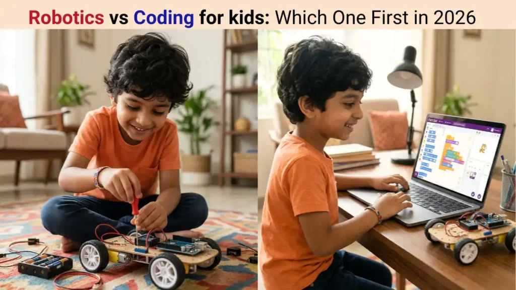 A child choosing between robotics vs coding for kids