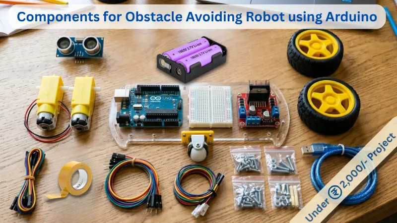 Complete parts list and components for obstacle avoiding robot using Arduino including clear 2WD chassis, BO motors, caster wheel, L298N driver, and HC-SR04 sensor.