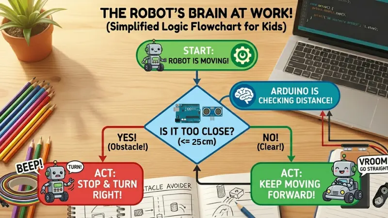 Logic flowchart for obstacle avoiding robot using arduino showing sense think act cycle for kids.