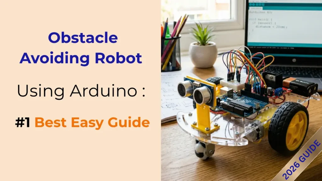 Split panel featured image for obstacle avoiding robot using arduino master guide for 2026.