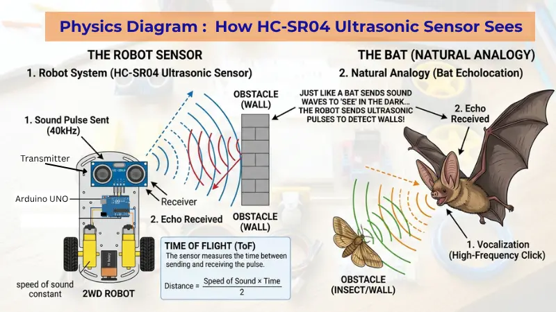 Physics diagram showing how ultrasonic sensors detect obstacles in robotics projects.