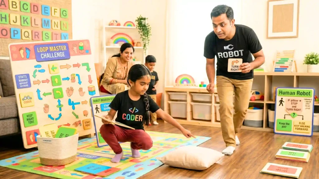 An Indian girl in a "Coder" shirt points to a pillow on a game mat, demonstrating "if" a pillow is found, while a man holds a "Turn Right" sign to show "then stop and turn right." Another sign reads "Human Robot" and the "if-else" rule.