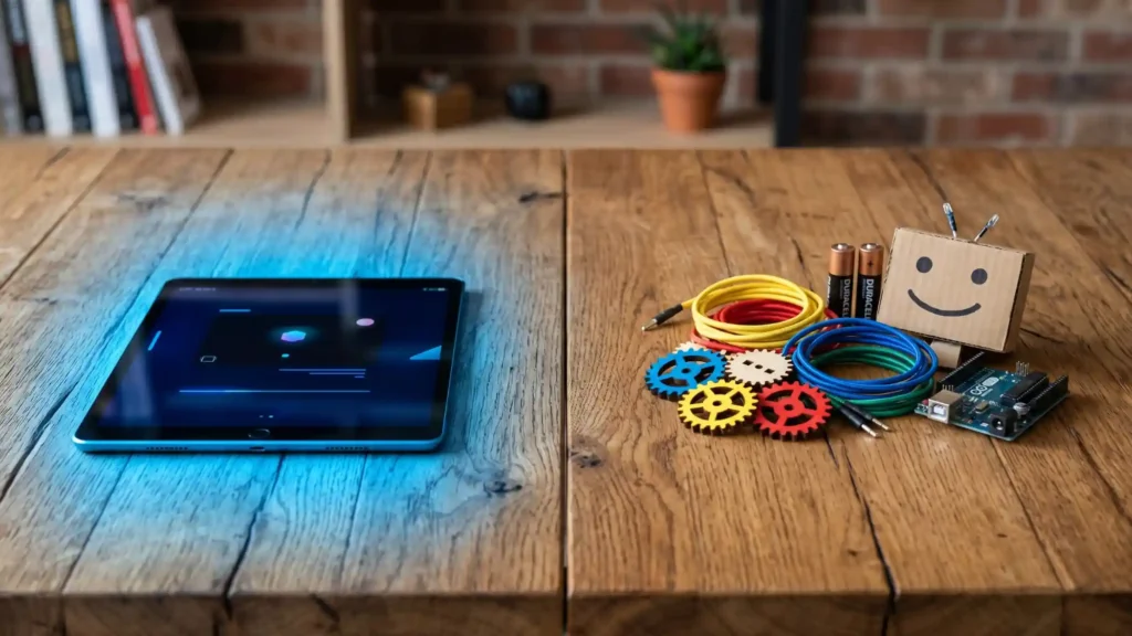 A side-by-side comparison on a wooden table showing a glowing tablet on the left contrasted against physical hands-on STEM materials, colorful gears, wires, batteries, an Arduino board, and a DIY cardboard robot on the right, highlighting screen free robotics for kids.