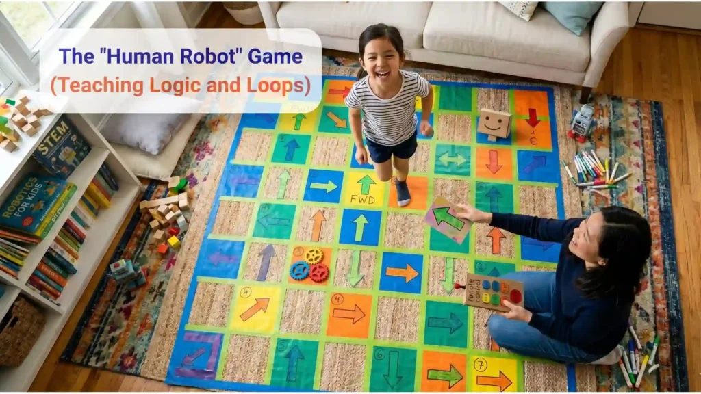 Hands-on grid mat game setup for screen free robotics for kids, showing a parent and child practicing coding logic without screens.