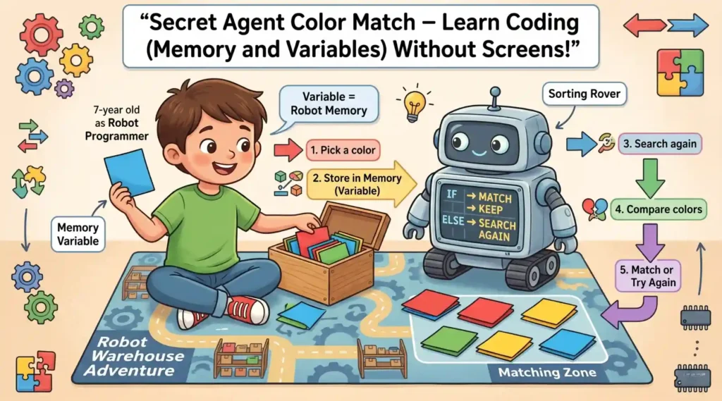An educational infographic illustration for Secret Agent Color Match, a screen free robotics for kids game where a boy learns programming logic by sorting colored papers with a friendly cartoon robot.