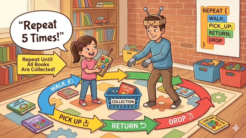 An educational illustration for a screen free robotics for kids activity where a young girl uses a cardboard controller to program a parent acting as a human robot to collect books in a loop sequence of walk, pick up, return, and drop.